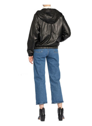 Set Lederjacke mit Kapuze, Schwarz