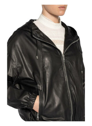 Set Lederjacke mit Kapuze, Schwarz