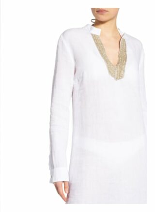 120%Lino Leinenkleid mit Schmucksteinbesatz, Weiß