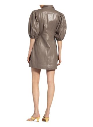 Ganni Hemdblusenkleid aus Leder mit 3/4-Arm, Beige