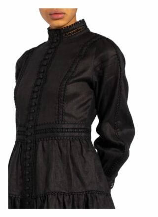 Mrs & Hugs Leinenkleid mit Spitzenbesatz, Schwarz