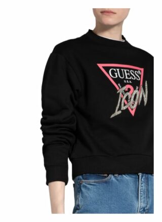Guess Sweatshirt Icon Mit Schmucksteinbesatz schwarz