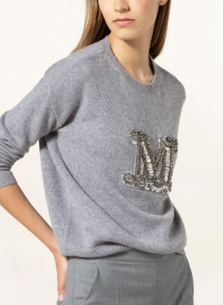 Max Mara Cashmere-Pullover Rodeo Mit Schmuckstein- Und Paillettenbesatz grau