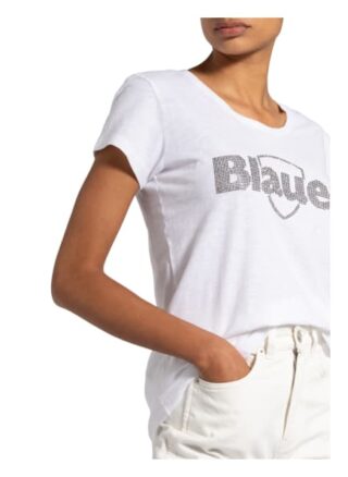 blaueer T-Shirt Mit Schmucksteinbesatz weiss
