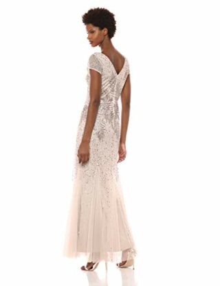 Adrianna Papell Langes Abendkleid mit Perlen, kurzen Ärmeln, Braun
