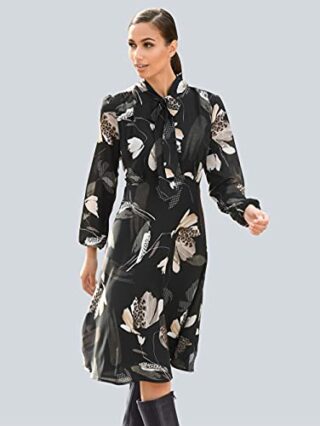 Alba Moda Knielanges Kleid mit Hemdkragen, Langarm, Schwarz