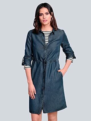 Alba Moda Midi Kleid mit Hemdkragen, Langarm, Blau