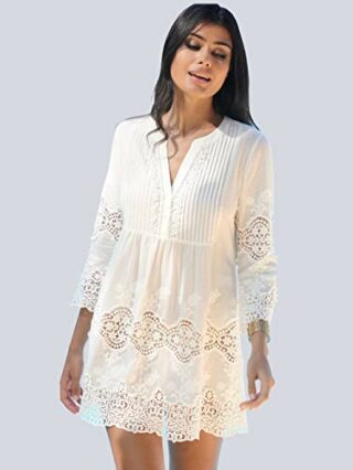 Alba Moda Strandtunika mit Spitze, Langarm, Weiß