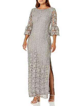 Alex Evenings Langes Abendkleid mit durchgehender Spitze, Grau