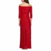 Alex Evenings Langes schulterfreies Kleid mit 3/4 Ärmeln, Rot