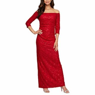 Alex Evenings Langes schulterfreies Kleid mit 3/4 Ärmeln, Rot