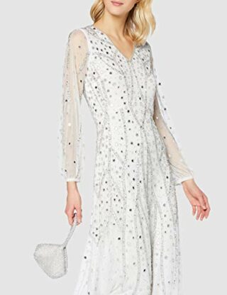 Amelia Rose Hebe Verziertes Maxikleid mit langen Ärmeln, Abendkleid, Weiß