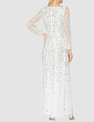 Amelia Rose Hebe Verziertes Maxikleid mit langen Ärmeln, Abendkleid, Weiß