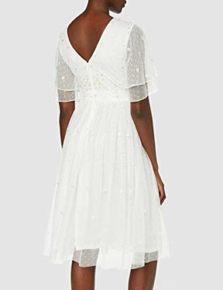 Amelia Rose Verziertes Midi-Skaterkleid, Cocktailkleid, Weiß