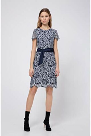 HUGO Kilela-1 Spitzenkleid mit U-Ausschnitt und Gürtel, Blau