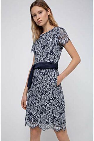 HUGO Kilela-1 Spitzenkleid mit U-Ausschnitt und Gürtel, Blau