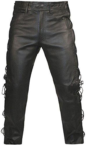 Skintan Herren Motorradhose Lederhose mit Seitliche Schnürung, Schwarz