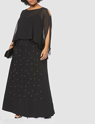 Ulla Popken Negligee Abendkleid mit Perlenbesatz, Schwarz