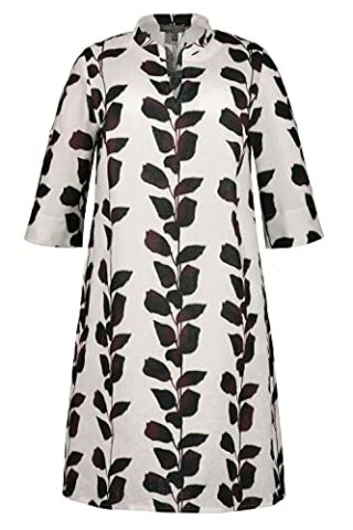 Ulla Popken Plus Size Leinenkleid, Blattmuster, A-Linie, Weiß
