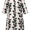 Ulla Popken Plus Size Leinenkleid, Blattmuster, A-Linie, Weiß