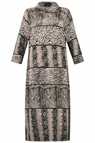 Ulla Popken Plus Size Strickkleid, Animal-Muster, Rollkragen, Beige
