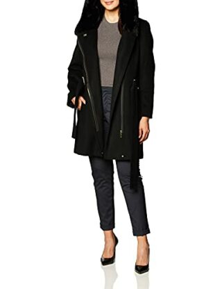 Calvin Klein Faux fur Shall Collared Wollmantel Damen, Schwarz