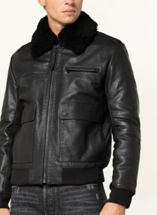 HUGO Lyan Lederjacke Herren, Schwarz