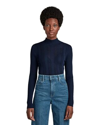 G-STAR RAW Rib Turtle Knitted V-Ausschnitt Pullover Damen, Blau