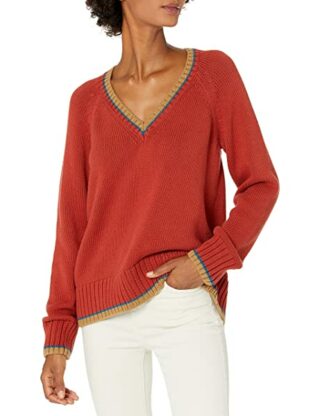 Pendleton Tipped Cotton V-Ausschnitt Pullover Damen, Rot