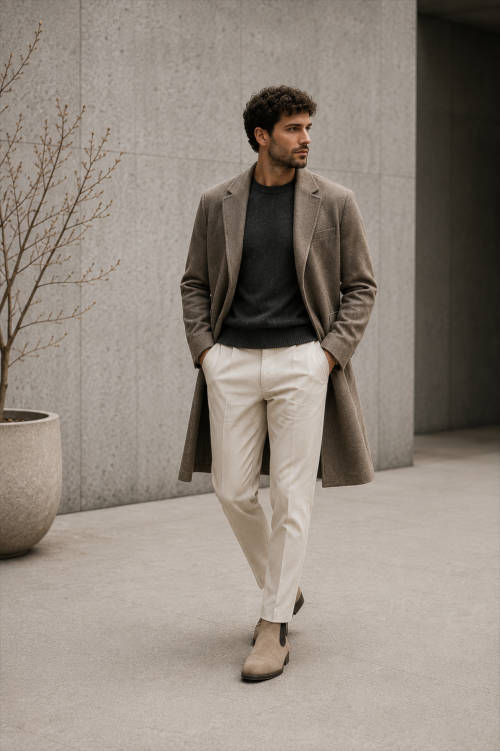 Minimalistischer Winterlook mit hellen Chelsea Boots und Mantel
