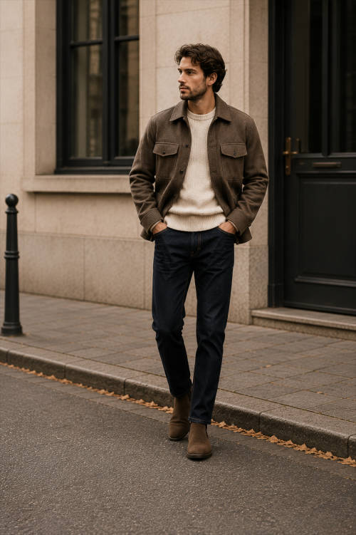 Modern Weekend Outfit mit braunen Chelsea Boots, Denim und Strick
