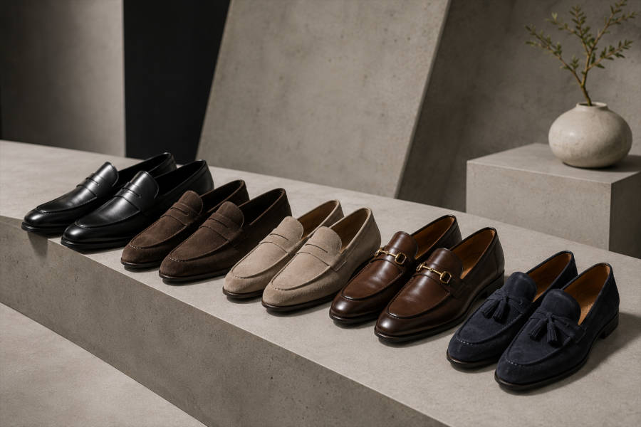 Moderne Herren-Loafer aus Veloursleder und Glattleder kombiniert mit Leinenhose, Denim und lässigen Sommerlooks.