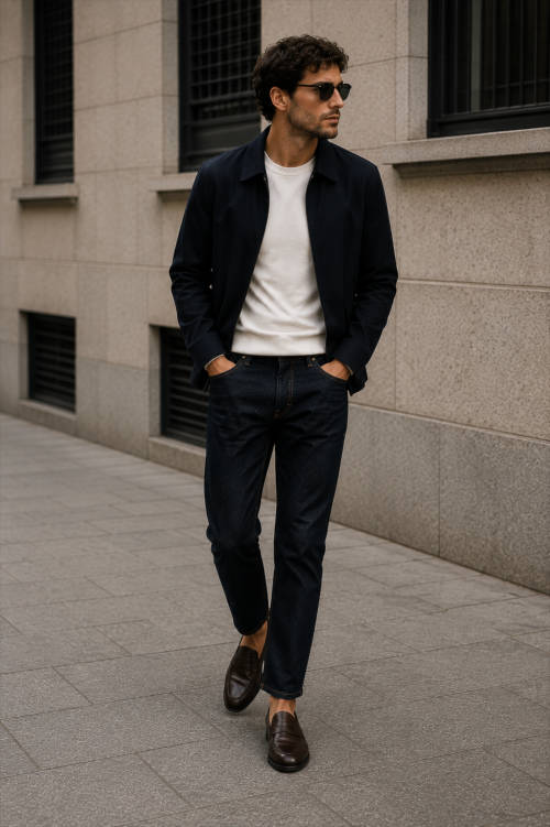 Dunkle Penny-Loafer zu Straight-Fit-Jeans und minimalistischem Stricklook.