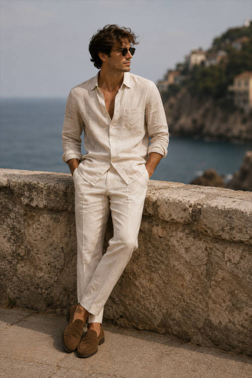 Braune Veloursleder-Loafer kombiniert mit heller Leinenhose und lockerem Sommerhemd.