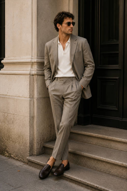 Elegante Herren-Loafer kombiniert mit lockerem Sommeranzug und modernem Smart-Casual-Look.