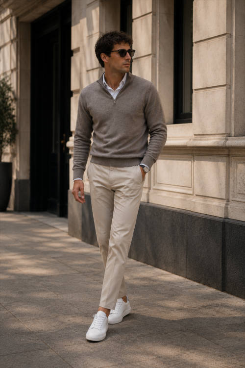Minimalistische weiße Leder-Sneaker zu Chino und modernem Smart-Casual-Look.