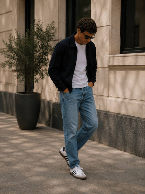 Weiße Retro-Sneaker kombiniert mit Jeans und schlichtem Herren-Outfit.