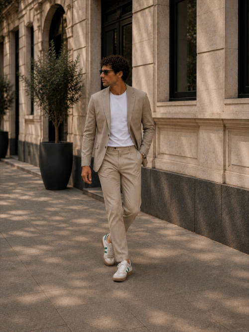 Weiße Leder-Sneaker als moderne Alternative zu Business-Schuhen beim Anzug.