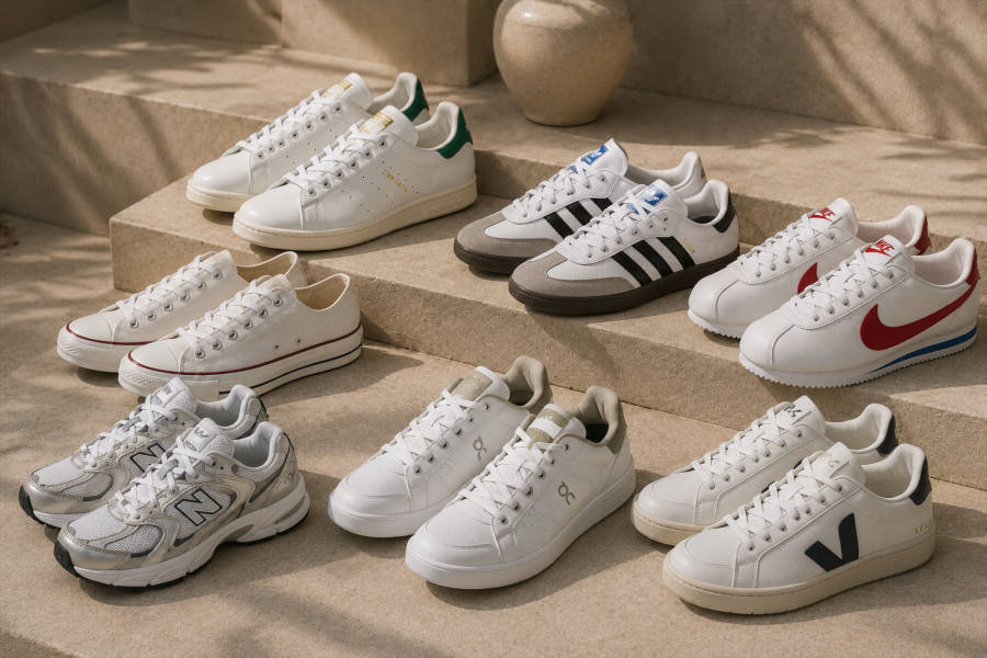 Weiße Herren-Sneaker aus Leder für moderne Smart-Casual-Outfits mit Jeans, Chino und Sommeranzug.